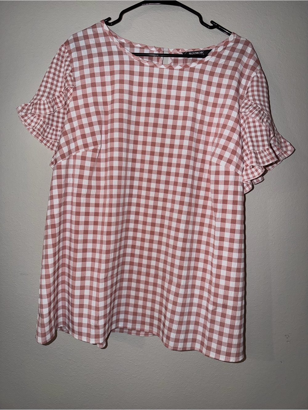 BloomChic Pink and White Gingham Ruffle Sleeve Blouse